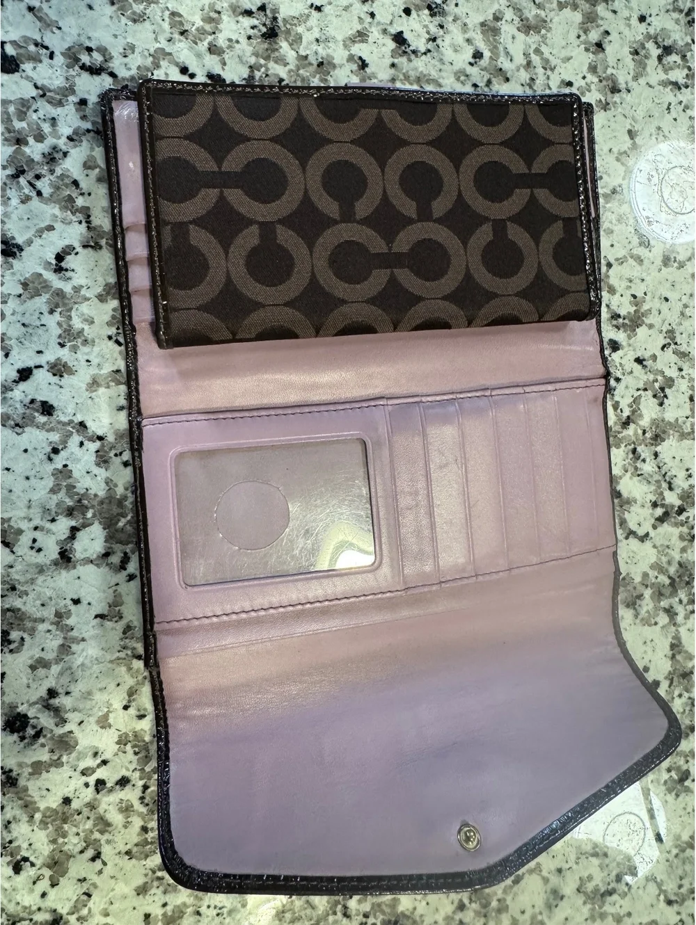 Coach Signature Brown Canvas Patent Leather Checkbook Wallet Long Clutch